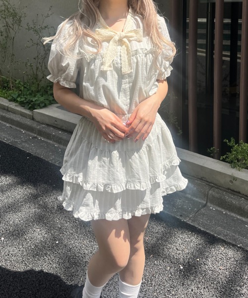 MORE self LOVE（モアセルフラブ）の「レースリボンストライプSETUP（セットアップ・レディース・ブラック/ベージュ/ピンク・FREE）」の20枚目の写真