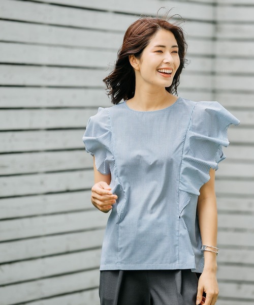 FOUND GOOD(ファウンドグッド)の「ラッフルストライプブラウス(シャツ/ブラウス・レディース・ブルー系5/グリーン系5・S/M/L)」の7枚目の写真