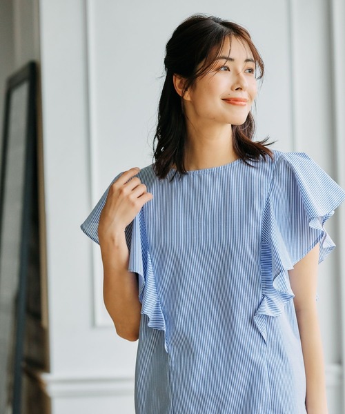 FOUND GOOD(ファウンドグッド)の「ラッフルストライプブラウス(シャツ/ブラウス・レディース・ブルー系5/グリーン系5・S/M/L)」の4枚目の写真