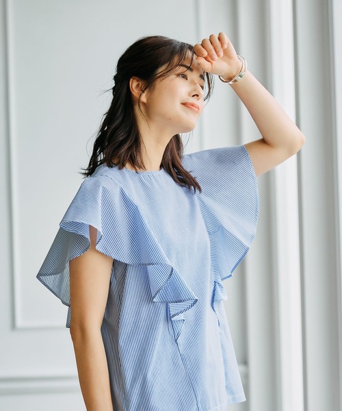 FOUND GOOD(ファウンドグッド)の「ラッフルストライプブラウス(シャツ/ブラウス・レディース・ブルー系5/グリーン系5・S/M/L)」の3枚目の写真