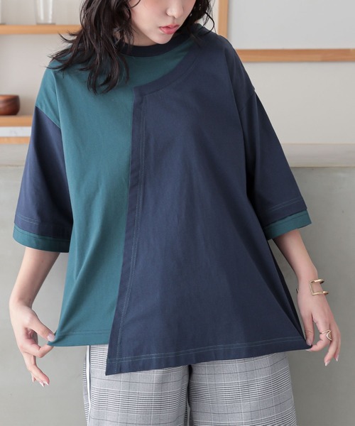 n'OrLABEL(ノアールレーベル)の「配色アシメ切替カットソー(Tシャツ/カットソー・レディース・ブラック/ネイビー/オートミール・FREE)」の1枚目の写真