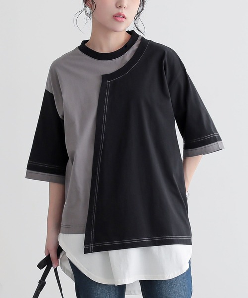 n'OrLABEL(ノアールレーベル)の「配色アシメ切替カットソー(Tシャツ/カットソー・レディース・ブラック/ネイビー/オートミール・FREE)」の2枚目の写真
