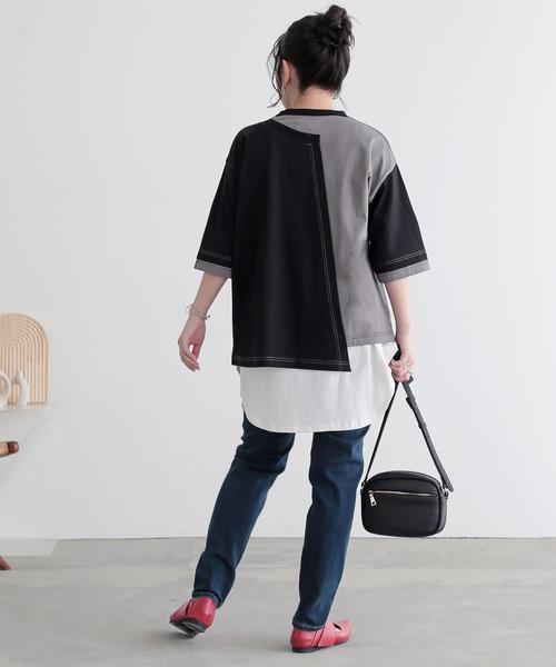 n'OrLABEL(ノアールレーベル)の「配色アシメ切替カットソー(Tシャツ/カットソー・レディース・ブラック/ネイビー/オートミール・FREE)」の21枚目の写真