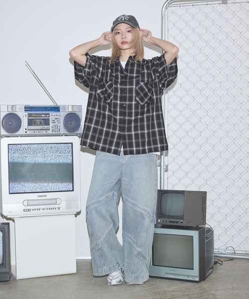 MSG(エムエスジー)の「ボックスシルエット五分丈チェックシャツ【UNISEX】(シャツ/ブラウス・メンズ・ブラック/ベージュ/ブラウン・S/M/L)」の9枚目の写真