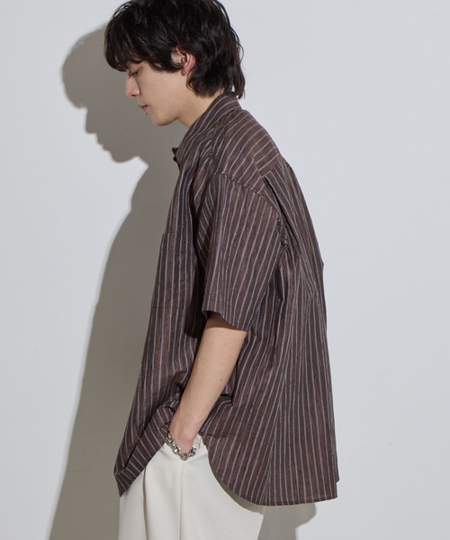 SLICK（スリック）の「【SLICK/スリック】Linen Washer Stripe Regular Collar Shirt / リネンワッシャーストライプレギュラーカラーシャツ（シャツ/ブラウス・メンズ・ネイビー/ブラウン/サックスブルー・1/2/3）」の5枚目の写真