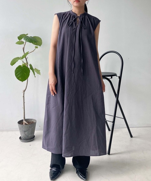 ノースリーブ リボン&ギャザー ワンピース★上品 大人かわいい 楽天市場】肩リボンギャザーノースリーブワンピース 体型カバー