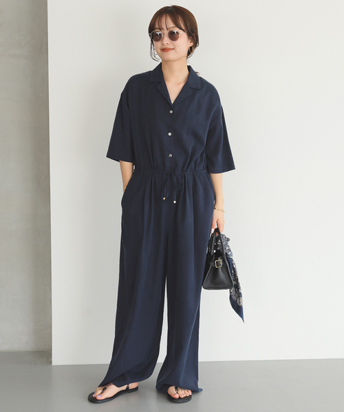 極上美品24SS スローブイエナ リラックスオールインワン ネイビー WEB限定/追加2》ハーフスリーブオールインワン（つなぎ