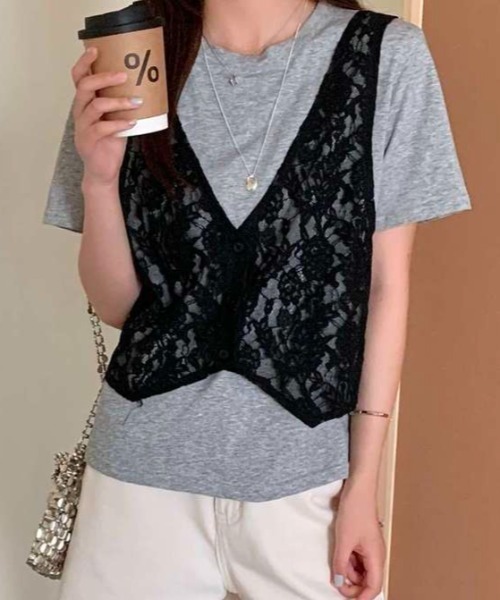 ROOPTOKYO(ループトウキョウ)の「花柄メッシュベスト付き Tシャツ 秋物 秋服 2026年秋冬(Tシャツ/カットソー・レディース・ホワイト/グレー・FREE)」の1枚目の写真
