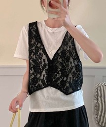 花柄メッシュベスト付き Tシャツ 秋物 秋服 2026年秋冬