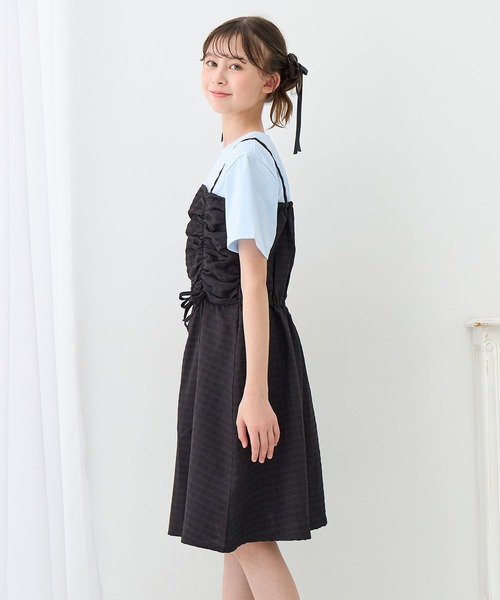 Amourire girl（アムリールガール）の「シャーリングデザイン Tシャツドッキングワンピース（ワンピース・キッズ・ブラック/サックスブルー・160cm/150cm/140cm/130cm）」の8枚目の写真