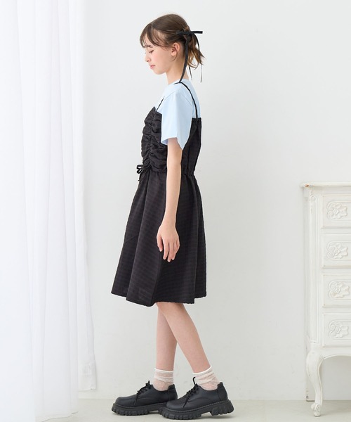 Amourire girl（アムリールガール）の「シャーリングデザイン Tシャツドッキングワンピース（ワンピース・キッズ・ブラック/サックスブルー・160cm/150cm/140cm/130cm）」の5枚目の写真