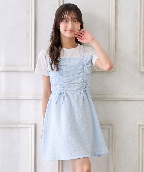 Amourire girl（アムリールガール）の「シャーリングデザイン Tシャツドッキングワンピース（ワンピース・キッズ・ブラック/サックスブルー・160cm/150cm/140cm/130cm）」の11枚目の写真