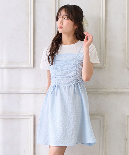 Amourire girl（アムリールガール）の「シャーリングデザイン Tシャツドッキングワンピース（ワンピース・キッズ・ブラック/サックスブルー・160cm/150cm/140cm/130cm）」の12枚目の写真