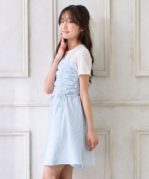 Amourire girl（アムリールガール）の「シャーリングデザイン Tシャツドッキングワンピース（ワンピース・キッズ・ブラック/サックスブルー・160cm/150cm/140cm/130cm）」の13枚目の写真