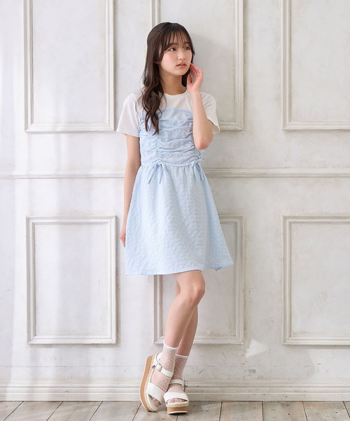 Amourire girl（アムリールガール）の「シャーリングデザイン Tシャツドッキングワンピース（ワンピース・キッズ・ブラック/サックスブルー・160cm/150cm/140cm/130cm）」の15枚目の写真