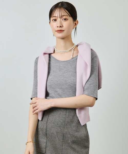 ROPE'（ロペ）の「ワイドリブラウンドネック スーパーメリノウール ニット/イージーケア（ニット/セーター・レディース・グレー/オフホワイト/ブラック・FREE）」の3枚目の写真