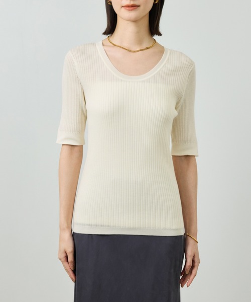 ROPE'（ロペ）の「ワイドリブラウンドネック スーパーメリノウール ニット/イージーケア（ニット/セーター・レディース・グレー/オフホワイト/ブラック・FREE）」の16枚目の写真