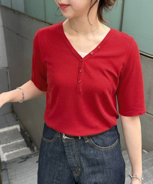 WEB限定】リブヘンリープルオーバー5分袖（Tシャツ/カットソー