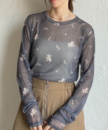 クルーネック長袖フラワープリント花柄シアートップス