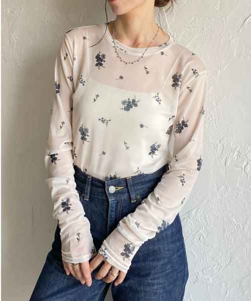 POPPY ブルーフラワーシアー　クルーネックトップス フラワーシアークルーネックトップス | titivate