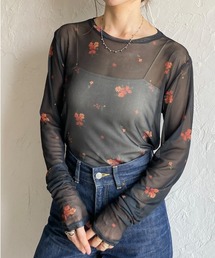 クルーネック長袖フラワープリント花柄シアートップス
