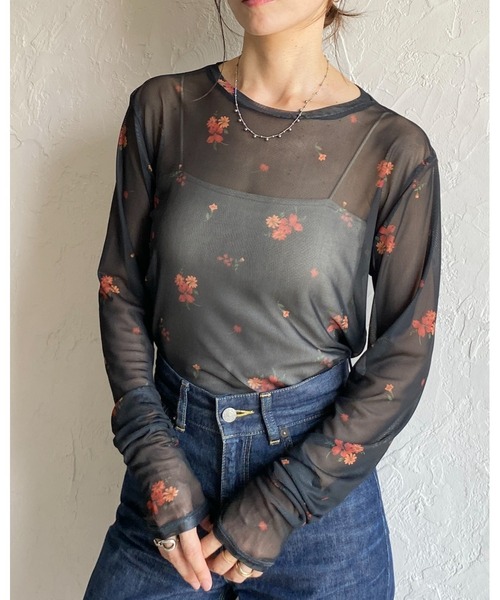 セール】クルーネック長袖フラワープリント花柄シアートップス（T