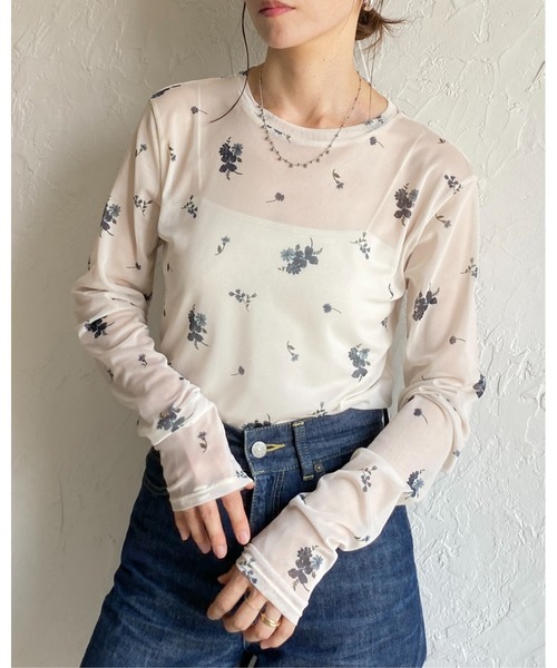 セール】クルーネック長袖フラワープリント花柄シアートップス