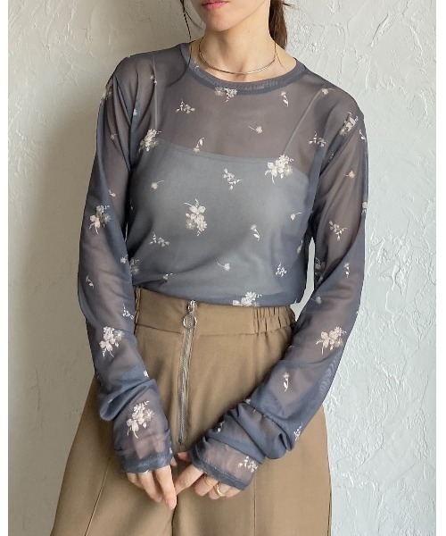 セール】クルーネック長袖フラワープリント花柄シアートップス