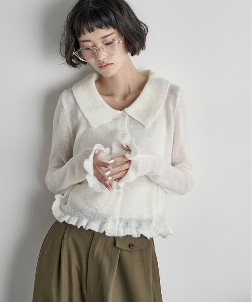 THE YOn(ザヨン)の「モヘアフリルシアーポロニットカーディガン(カーディガン/ボレロ・レディース・アイボリー/チャコールグレー/グレー/マスタード・FREE)」の2枚目の写真
