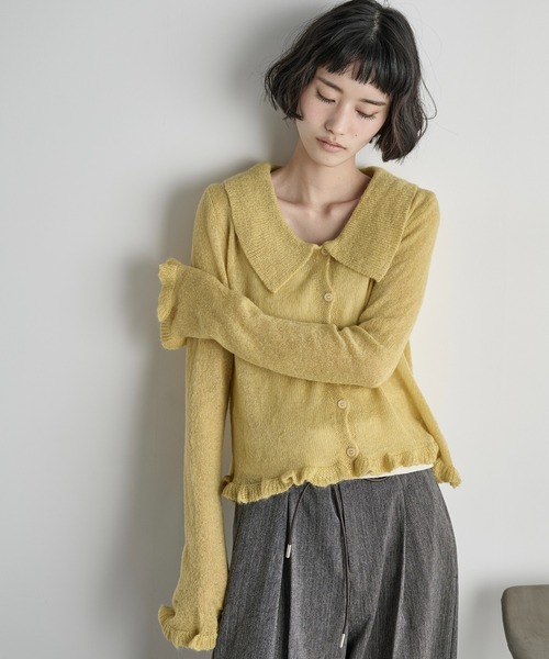 セール】モヘアフリルシアーポロニットカーディガン（カーディガン