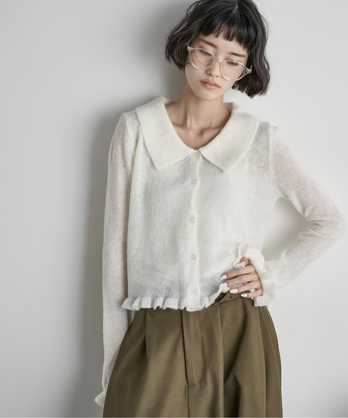 セール】モヘアフリルシアーポロニットカーディガン（カーディガン