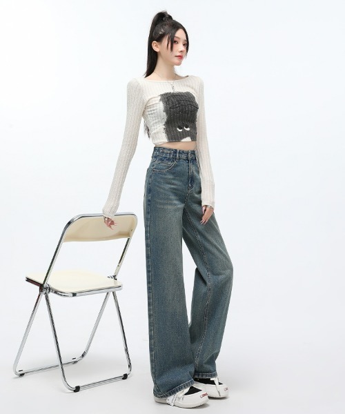 HANDO（ハンド）の「[高身長サイズMT/低身長サイズS有り]ヴィンテージウォッシュ ハイウエストワイドストレートデニムパンツ きれいめカジュアル 韓国風（デニムパンツ・レディース・ブルー・XL/S/M/L）」の6枚目の写真