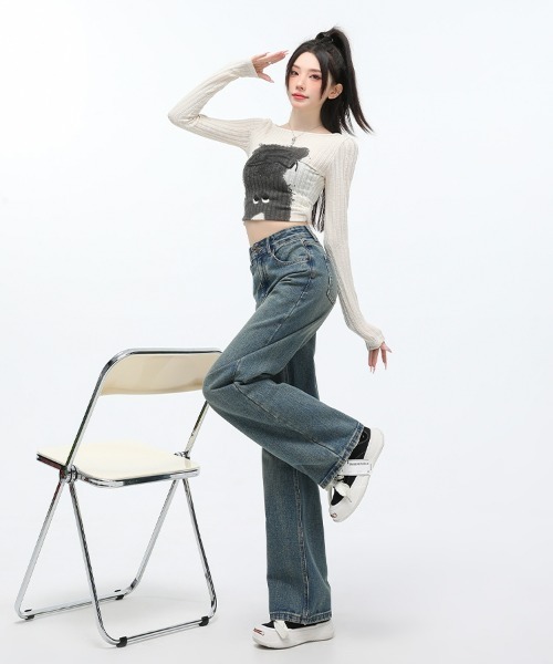 HANDO（ハンド）の「[高身長サイズMT/低身長サイズS有り]ヴィンテージウォッシュ ハイウエストワイドストレートデニムパンツ きれいめカジュアル 韓国風（デニムパンツ・レディース・ブルー・XL/S/M/L）」の8枚目の写真