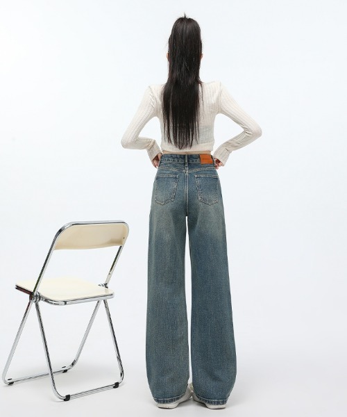 HANDO（ハンド）の「[高身長サイズMT/低身長サイズS有り]ヴィンテージウォッシュ ハイウエストワイドストレートデニムパンツ きれいめカジュアル 韓国風（デニムパンツ・レディース・ブルー・XL/S/M/L）」の10枚目の写真