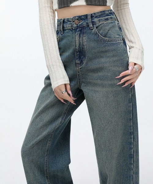 HANDO（ハンド）の「[高身長サイズMT/低身長サイズS有り]ヴィンテージウォッシュ ハイウエストワイドストレートデニムパンツ きれいめカジュアル 韓国風（デニムパンツ・レディース・ブルー・XL/S/M/L）」の2枚目の写真