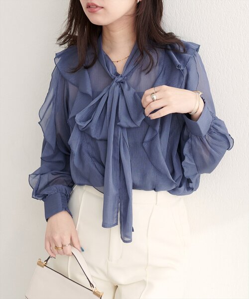 natural couture（ナチュラルクチュール）の「〈mizukoto〉ボウタイフリルブラウス（シャツ/ブラウス・レディース・ネイビー/ミント/その他1・FREE）」の2枚目の写真