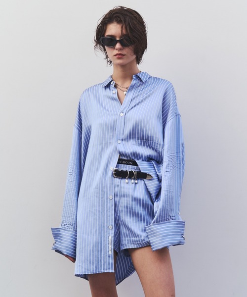 JOSE MOON(ジョゼムーン)の「JOSEMOON SATIN STRIPE SHIRT/ジョゼムーンサテンストライプシャツ(シャツ/ブラウス・レディース・ブラック/サックスブルー/ホワイト/ブラウン・FREE)」の1枚目の写真