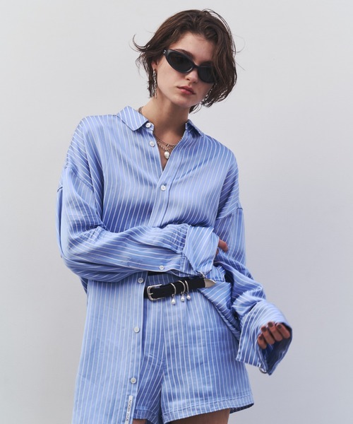 JOSE MOON(ジョゼムーン)の「JOSEMOON SATIN STRIPE SHIRT/ジョゼムーンサテンストライプシャツ(シャツ/ブラウス・レディース・ブラック/サックスブルー/ホワイト/ブラウン・FREE)」の7枚目の写真