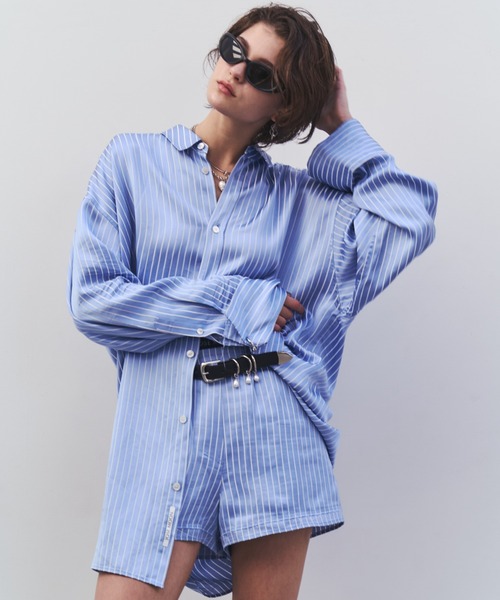 JOSE MOON(ジョゼムーン)の「JOSEMOON SATIN STRIPE SHIRT/ジョゼムーンサテンストライプシャツ(シャツ/ブラウス・レディース・ブラック/サックスブルー/ホワイト/ブラウン・FREE)」の6枚目の写真