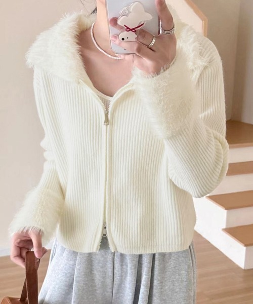ReRe(リリ)の「フェイクファー付きリブニットジップカーディガン(カーディガン/ボレロ・レディース・ブラウン/オフホワイト/ベージュ/ブラック/サックスブルー/ピンク・FREE)」の17枚目の写真