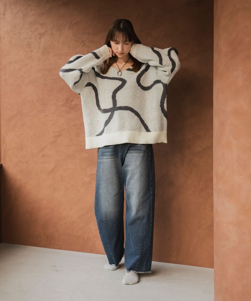 forksy.】とろけるニュアンスラインオーバーサイズVネックニット