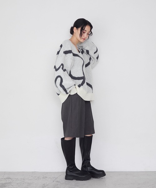 forksy.】とろけるニュアンスラインオーバーサイズVネックニット