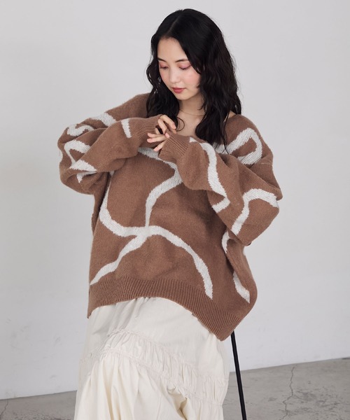 専用です❀ forksy.】とろけるニュアンスラインオーバーサイズVネックニット