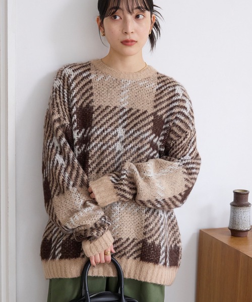 セール】チェック柄ジャガード ビッグシルエット クルーネック