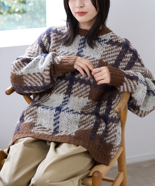 WAAC ワック　ジャガード チェックニットプルオーバー チェック柄ジャガード ビッグシルエット クルーネック ウォッシャブル