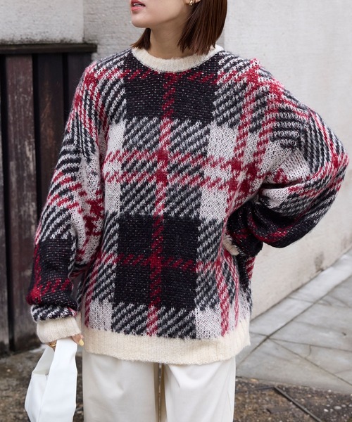 WAAC ワック　ジャガード チェックニットプルオーバー チェック柄ジャガード ビッグシルエット クルーネック ウォッシャブル
