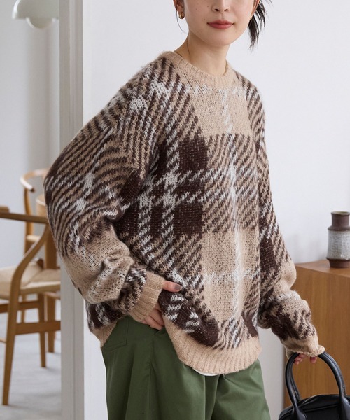セール】チェック柄ジャガード ビッグシルエット クルーネック