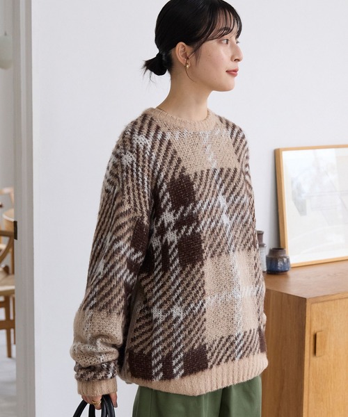 セール】チェック柄ジャガード ビッグシルエット クルーネック