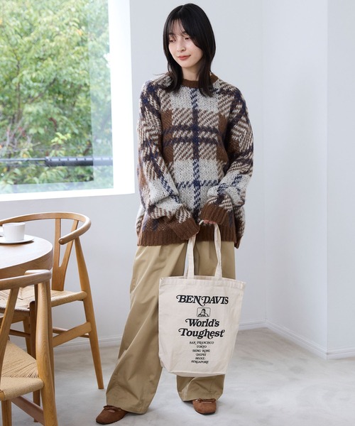 チェック柄ジャガード ビッグシルエット クルーネック ウォッシャブル