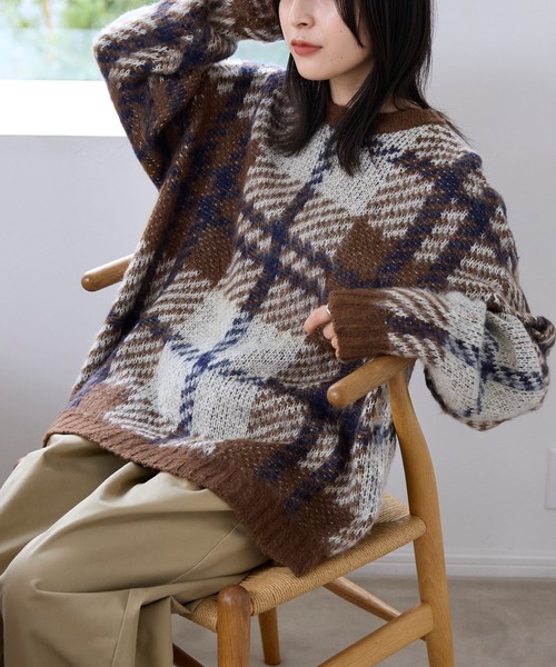 セール】チェック柄ジャガード ビッグシルエット クルーネック